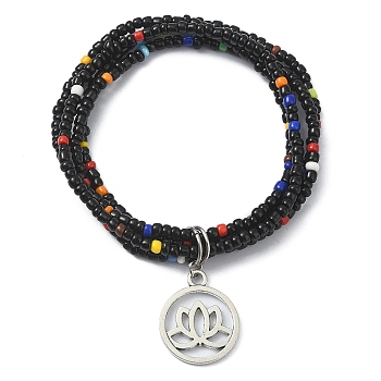 Glass Seed Beaded Multi Loops Warp Bracelets, with Tibetan Style Alloy Charms, Black, Inner Diameter: 2 inch(5.2cm)
