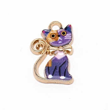 Alloy Enamel Pendants, Light Gold, Cat with Bowknot, Slate Blue, 21x13x2.3mm, Hole: 2.3mm