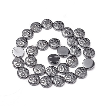 Non-magnetic Synthetic Hematite Beads Strands, Flat Round with Owl Pattern, 13x4~5mm, Hole: 1.4mm, about 30pcs/strand, 15.3 inch(40.5cm)