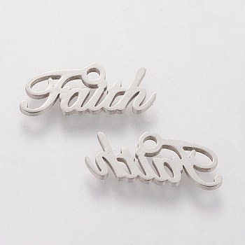 201 Stainless Steel Charms, Inspirational Message Charms, Word Faith, Stainless Steel Color, 6x16x1mm, Hole: 1mm