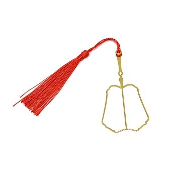 Chinese Ancient Palm Leaf Fan Shape Brass Wire Wrap Metal Bookmark with Tassel for Book Lover, Golden, Red, 215mm
