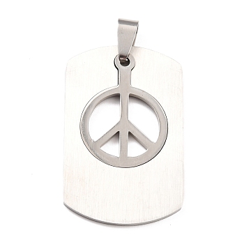 Titanium Steel Pendants, Split Dog Tag Pendant, Rectangle with Peace Sign, Stainless Steel Color & Silver Color Plated, 46x25x1.5mm, Hole: 6x4mm