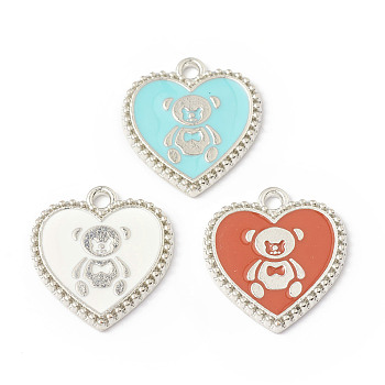 Alloy Enamel Pendants, Heart with Bear Pattern Charm, Platinum, Mixed Color, 21x19x1.7mm, Hole: 2mm