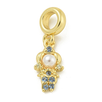 Rack Plating Brass & Cubic Zirconia & ABS Plastic Pearl European Pendants, Long-Lasting Plated, Lead Free & Cadmium Free, Real 18K Gold Plated, Princess, 25mm, Hole: 4.6mm, Pendant: 15.5x8x4.5mm