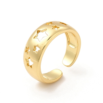 Rack Plating Brass Hollow Star Cuff Rings for Women, Wide Band Ring, Long-Lasting Plated, Cadmium Free & Lead Free, Real 18K Gold Plated, US Size 7 1/4, Inner Diameter: 17.5mm, 4.5~8mm