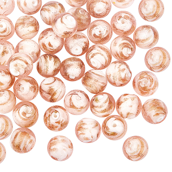 40pcs Handmade Inner Flower Gold Sand Lampwork Round Beads, Pink, 12mm, Hole: 1mm