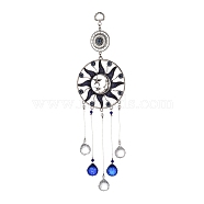 Alloy Flat Round & Sun & Moon Turkish Blue Evil Eye Pendant Decoration, with Crystal Ceiling Chandelier Ball Prisms, for Home Wall Hanging Amulet Ornament, Antique Silver, 325mm, Hole: 10mm(HJEW-M002-13AS)