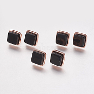 Natural Black Agate Stud Earrings, with Brass Findings, Real Rose Gold Plated, Square, 12x12x4.5~6mm, Pin: 1mm(EJEW-F139-A03)