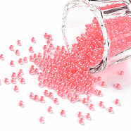 11/0 Grade A Round Glass Seed Beads, Transparent Inside Colours, Luster Plated, Light Coral, 2.3x1.5mm, Hole: 1mm, about 48500pcs/pound(SEED-N001-F-234)