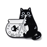 Cartoon Style with Fish Bowl Cat Enamel Pins, Black Alloy Badge for Men Women, Black, 28x31x1.5mm(JEWB-Q041-01D)