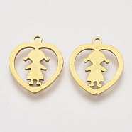 201 Stainless Steel Pendants, Laser Cut Pendants, Heart with Girl, Golden, 18x15x1mm, Hole: 1.4mm(X-STAS-S110-067G)