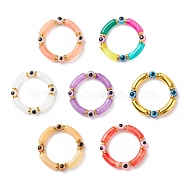 7Pcs 7 Color Acrylic Curved Tube & Plastic Evil Eye Beaded Stretch Bracelets Set, Lucky Stackable Bracelets for Women, Mixed Color, Inner Diameter: 2-1/8 inch(5.5cm), 1Pc/color(BJEW-JB08962)