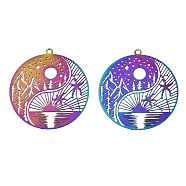 Ion Plating(IP) 201 Stainless Steel Filigree Pendants, Etched Metal Embellishments, Flat Round with Landscape Pattern, Rainbow Color, 32x30x0.3mm, Hole: 1.5mm(X-STAS-S118-025)