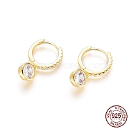 925 Sterling Silver Hoop Earrings, with Cubic Zirconia, Flat Round, Clear, Golden, 20mm, Pin: 0.7mm(STER-G031-08G)