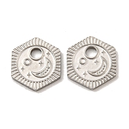 316 Surgical Stainless Steel Charms, Hexagon with Moon Charm, Stainless Steel Color, 10x11x1mm, Hole: 2mm(STAS-G325-08P)