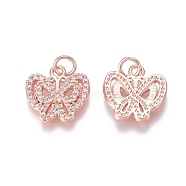 Brass Micro Pave Clear Cubic Zirconia Charms, with Jump Rings, Butterfly, Rose Gold, 13x13x2mm, Jump Ring: 4.5x0.7mm, Inner Diameter: 3mm(ZIRC-I036-14RG)