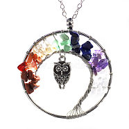 Natural Gemstone Chip Owl with Tree of Life Pendant Necklaces, Curb Chain Necklace for Women, 20-7/8 inch(53cm)(WG98626-01)