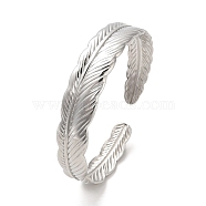 304 Stainless Steel Feather Cuff Bangles, Stainless Steel Color, Inner Diameter: 2-1/8 inch(5.25cm)(BJEW-G694-01P)