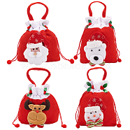 4Pcs 4 Styles Christmas Theme Velvet Packing Pouches, with Polyester Cord, Drawstring Bags, for Candy Wrapper Gift Supplies, Red, Santa Claus & Snowman & Reindeer & Bear Pattern, Mixed Patterns, 23x20.5x1.1cm, 1pc/style(ABAG-BC0001-50)