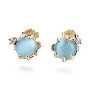 Brass Micro Pave Clear Cubic Zirconia Stud Earrings, with Cat Eye and Ear Nuts, Oval, Cadmium Free & Nickel Free & Lead Free, Sky Blue, Real 16K Gold Plated, 10x8mm, Pin: 0.7mm(EJEW-S210-002-NR)