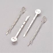 Iron Hair Bobby Pin Findings, Silver Color Plated, Size: about 2mm wide, 52mm long, 2mm thick, Tray: 8mm in diameter, 0.5mm thick(PHAR-Q017-S1)