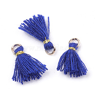 Polycotton(Polyester Cotton) Tassel Pendant Decorations, Mini Tassel, with Iron Findings and Metallic Cord, Light Gold, Blue, 10~15x2~3mm, Hole: 1.5mm(FIND-S281-05)