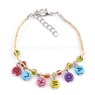 (Jewelry Parties Factory Sale)Handmade Braided Raffia Charm Bracelets, Lucky Bracelets, with Acrylic & Silver Lined Seed Beads, Iron Lobster Clasp and Extender Chains, Flat Round, Colorful, 6-3/4 inch~7-1/8 inch(17cm~18cm)(AJEW-S072-19)