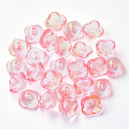 4-Petal Transparent Spray Painted Glass Bead Caps, with Glitter Powder, Flower, Pink, 11.5x11.5x7mm, Hole: 1.6mm(X-GGLA-S054-009B-03)