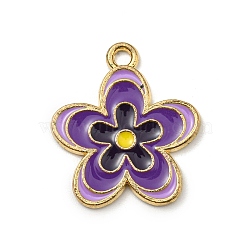 Alloy Enamel Pendants, Golden, Flower Charm, Indigo, 21x18.5x1.5mm, Hole: 1.8mm(ENAM-G219-01D)