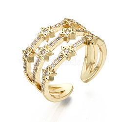 Brass Micro Pave Clear Cubic Zirconia Cuff Rings, Open Rings, Wide Band Rings, Nickel Free, Star, Real 16K Gold Plated, Inner Diameter: 17mm(RJEW-S044-084-NF)