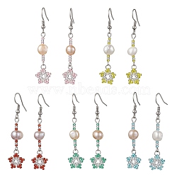 Natural Pearl Dangle Earrings, TOHO Seed Beaded Star Long Drop Earrings with 304 Stainless Steel Pins, Mixed Color, 54x12mm(EJEW-MZ00120)