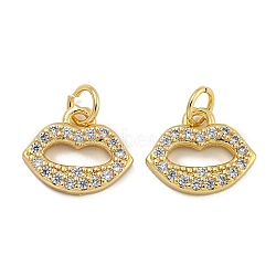 Rack Plating Brass Micro Pave Clear Cubic Zirconia Charms, Lead Free & Cadmium Free,  Long-Lasting Plated, Lip, Real 18K Gold Plated, 9x11x2mm, Hole: 3mm(KK-U030-03G)