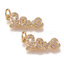 Brass Micro Pave Clear Cubic Zirconia Pendants, Long-Lasting Plated, With Jump Rings, for Valentine's Day, Word Love, Golden, 17x7x2mm, Hole: 2mm,  jump ring: 4x1mm, 2mm inner diameter.(ZIRC-N040-13-G)