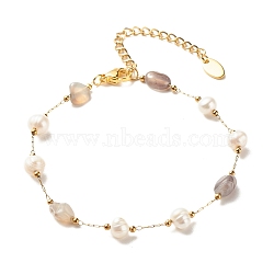 Natural Botswana Agate & Pearl Beaded Bracelet, Gold Plated Stainless Steel Jewelry for Women, 7-1/4~7-1/2 inch(18.5~19cm)(BJEW-JB08293-02)