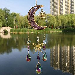 Natural Amethyst Chip & Metal Moon Hanging Suncatchers, with Glass Teardrop/Octagon and Metal Butterfly Link for Home Garden Decoration, 390mm(PW-WG15083-04)