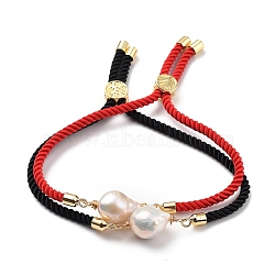 Adjustable Nylon Twisted Cord Slider Bracelets Sets, Link Bracelets, with Natural Baroque Pearl Keshi Pearl Beads and Tree of Life Brass Beads, Mixed Color, Inner Diameter: 2-1/2 inch(6.5cm), 2pcs/set(BJEW-JB05323)