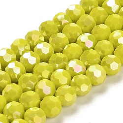 Opaque Glass Beads Stands, AB Color, Faceted(32 Facets), Round, Yellow, 10x8.5~9mm, Hole: 1.6mm, about 67pcs/strand, 23.62 inch(60cm)(EGLA-A035-P10mm-B04)