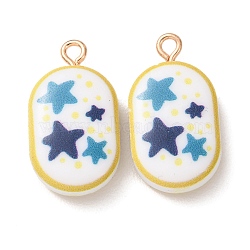 Printed Alloy with Acrylic Pendants, with Iron Ring, Oval with Star Charms, Blue, Golden, 24x13x7mm, Hole: 2mm(AL-CBAE25B-04G-G)