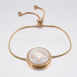 Adjustable Brass Micro Pave Cubic Zirconia Shell Bolo Bracelets, Slider Bracelets, with Brass Box Chains, Flat Round with Tree of Life, White, Golden, 10-1/4 inch(260mm), 1.2mm(X-BJEW-H557-03G)
