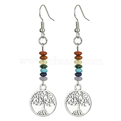 Alloy Tree of Life Dangle Earrings, Synthetic & Natural Mixed Gemstone Beaded Long Drop Earrings for Women, Round, 62x15mm(EJEW-JE05462-05)