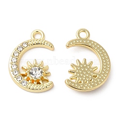 Alloy Rhinestone Pendants, Moon & Star Charms, Golden, 19x13x3.5mm, Hole: 1.8mm(ALRI-P005-03G)