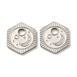 316 Surgical Stainless Steel Charms, Hexagon with Moon Charm, Stainless Steel Color, 10x11x1mm, Hole: 2mm(STAS-G325-08P)