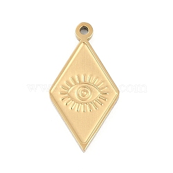 304 Stainless Steel Pendants, Rhombus with Eye Charm, Ion Plating(IP), Real 18K Gold Plated, 16.5x8.5x1mm, Hole: 1mm(STAS-I325-132G)