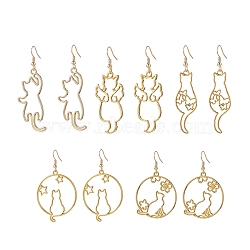 Zinc Alloy Hollow Out Cat Dangle Earrings, 304 Stainless Steel Long Drop Earrings for Women, Mixed Shape, Golden, 54.5~63mm, Pin: 0.7mm(EJEW-JE05148)