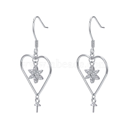 925 Sterling Silver Dangle Earring Findings, with Cubic Zirconia, For Half Drilled Beads, Heart & Flower, Clear, Platinum, 42x18.5mm, Pin: 0.5mm(STER-L057-061P)