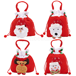 BENECREAT 4Pcs 4 Styles Christmas Theme Velvet Packing Pouches, with Polyester Cord, Drawstring Bags, for Candy Wrapper Gift Supplies, Red, Santa Claus & Snowman & Reindeer & Bear Pattern, Mixed Patterns, 23x20.5x1.1cm, 1pc/style(ABAG-BC0001-50)