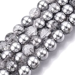 Electroplated Crackle Glass Beads Strands, Half Plated, Round, Silver, 8~8.5mm, Hole: 1~1.2mm, about 50~51pcs/strand, 14.57~14.96 inch(37~38cm)(X-EGLA-N014-8mm-03)