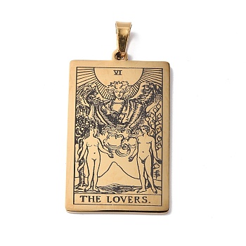 201 Stainless Steel Pendant, Golden, Rectangle with Tarot Pattern, The Lovers VI, 40x24x1.5mm, Hole: 4x7mm