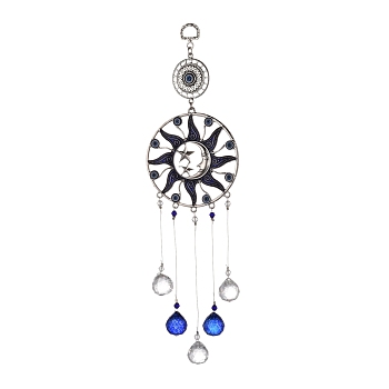 Alloy Flat Round & Sun & Moon Turkish Blue Evil Eye Pendant Decoration, with Crystal Ceiling Chandelier Ball Prisms, for Home Wall Hanging Amulet Ornament, Antique Silver, 325mm, Hole: 10mm