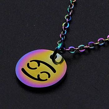 201 Stainless Steel Pendants Necklaces, with Cable Chains and Lobster Claw Clasps, Flat Round with Constellation/Zodiac Sign, Rainbow Color, Cancer, 15-3/4 inch(40cm), 1.5mm